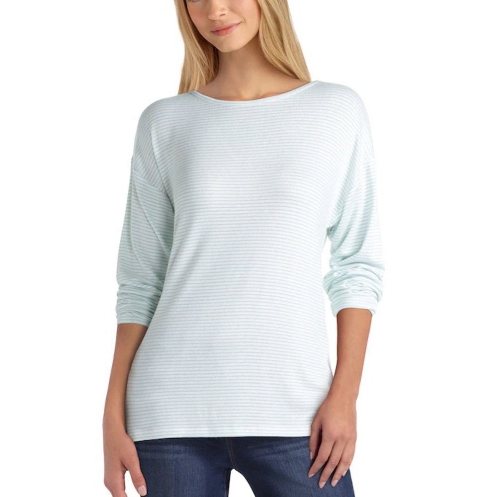 H Halston Studio Dolman Sleeve Loose Knit   L/S Top, Chalk/Marine Blue Stripe